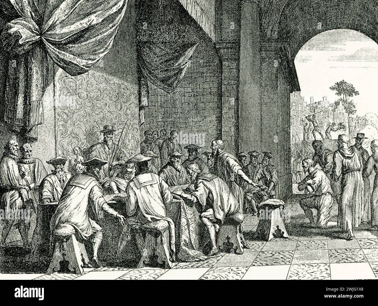 Le Conseil des troubles est le tribunal spécial institué le 9 septembre 1567 par Fernando Álvarez de Tolède, 3e duc d'Alba, gouverneur général des pays-Bas des Habsbourg sur ordre de Philippe II d'Espagne pour punir les meneurs des récents troubles politiques et religieux aux pays-Bas. En raison des nombreuses condamnations à mort prononcées par le tribunal, il est également devenu connu sous le nom de Conseil du sang. Cette gravure montre que le Conseil a examiné les conseils en 1568. Banque D'Images