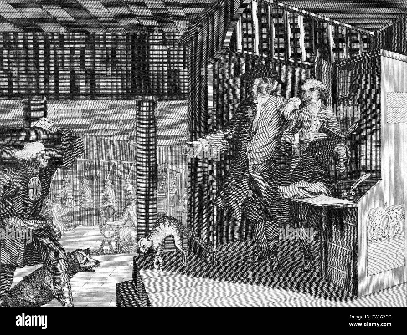 Illustration en noir et blanc : 'L'industrieux 'Prentice Un favori, et confié par son Maître'. Gravure d'après William Hogarth (1697 - 1764) de sa série, "industrie et farniente". Les premières séries d'œuvres peintes de Hogarth, 'The Harlot's Progress' et 'Marriage à-la-mode' qui ont ensuite été publiées en tant que gravures, 'Industry and Fidleness' a été gravée dès le début. L'objectif de Hogarth dans cette série était d'illustrer les récompenses possibles pour travailler dur, et les pièges de ne pas le faire, un message principalement destiné aux enfants qui travaillent. Cette reproduction a été réalisée par Thomas Cook ; 1806. Banque D'Images