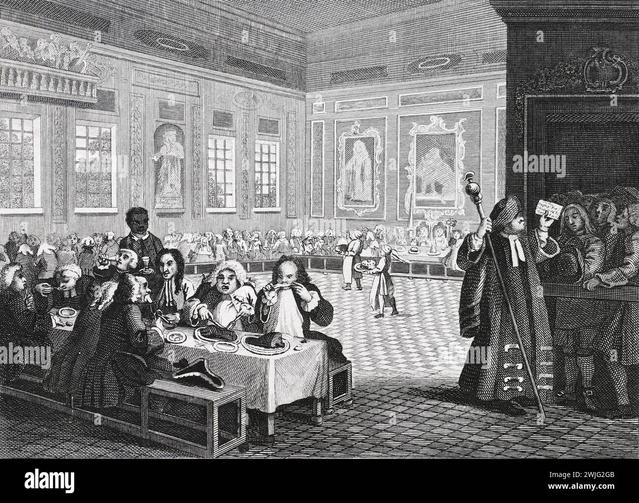 Illustration en noir et blanc : 'L'industrieux 'Prentice Grown Rich, and Sheriff of London'. Gravure d'après William Hogarth (1697 - 1764) de sa série, "industrie et farniente". Les premières séries d'œuvres peintes de Hogarth, 'The Harlot's Progress' et 'Marriage à-la-mode' qui ont ensuite été publiées en tant que gravures, 'Industry and Fidleness' a été gravée dès le début. L'objectif de Hogarth dans cette série était d'illustrer les récompenses possibles pour travailler dur, et les pièges de ne pas le faire, un message principalement destiné aux enfants qui travaillent. Cette reproduction a été réalisée par Thomas Cook. Banque D'Images