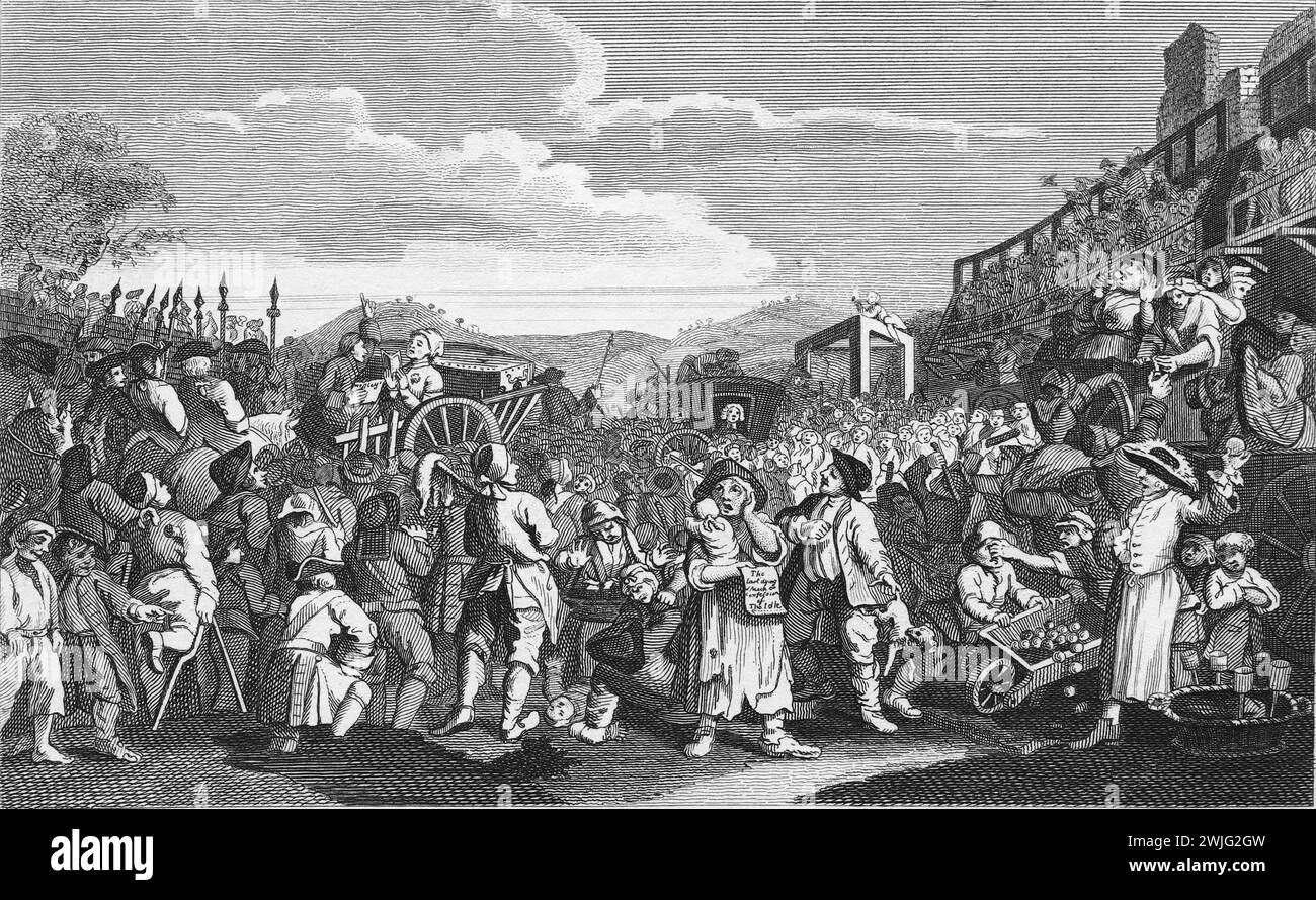 Illustration en noir et blanc : 'The Idle 'Prentice exécuté à Tyburn'. Gravure d'après William Hogarth (1697 - 1764) de sa série, "industrie et farniente". Ses premières séries d'œuvres peintes, 'The Harlot's Progress' et 'Marriage à-la-mode', qui ont ensuite été publiées sous forme de gravures, 'Industry and Fidleness' a été gravée dès le début. L'objectif de Hogarth dans cette série était d'illustrer les récompenses possibles pour travailler dur, et les pièges de ne pas le faire, un message principalement destiné aux enfants qui travaillent. Cette reproduction a été réalisée par Thomas Cook et publiée à l'origine vers 1806. Banque D'Images