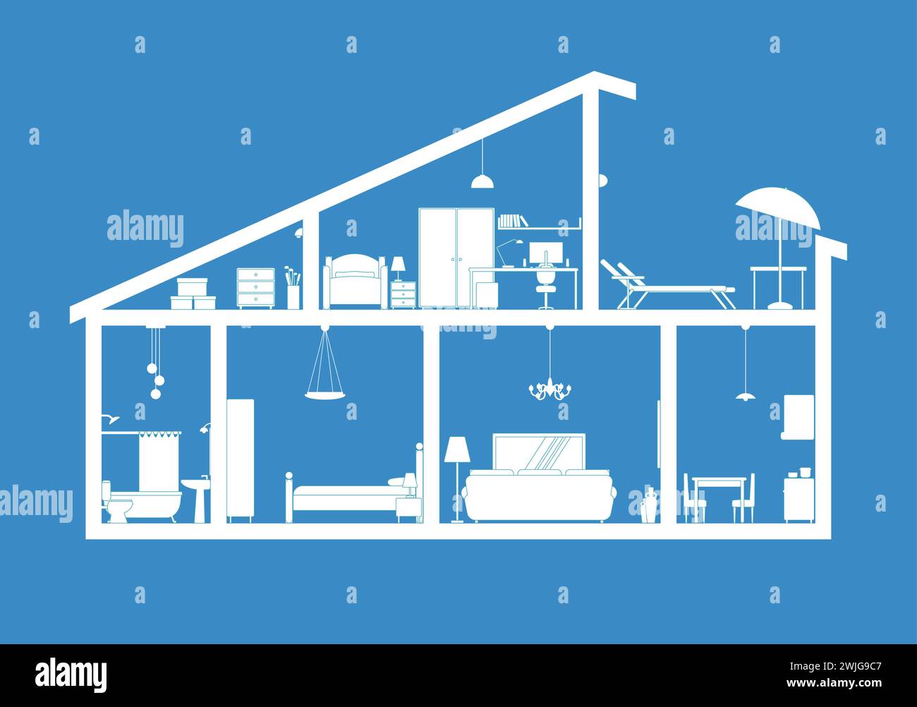 Vue en coupe du plan de maison (avec meubles) Illustration de Vecteur