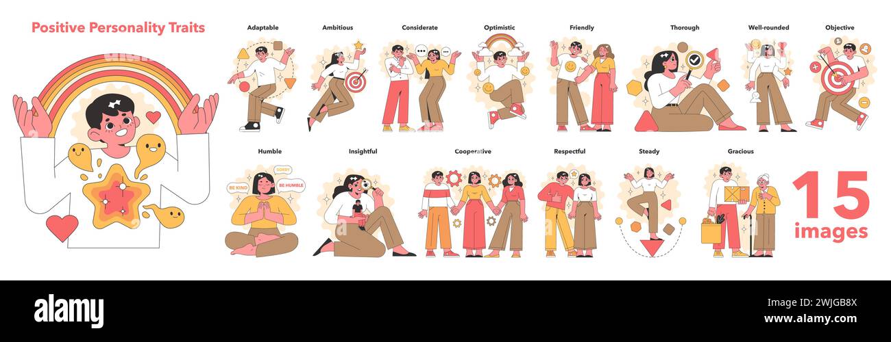 Une collection dynamique d'illustrations vectorielles met en valeur un groupe diversifié de personnes incarnant des traits de personnalité positifs tels que l'adaptabilité, l'ambition et la gentillesse. Illustration de Vecteur