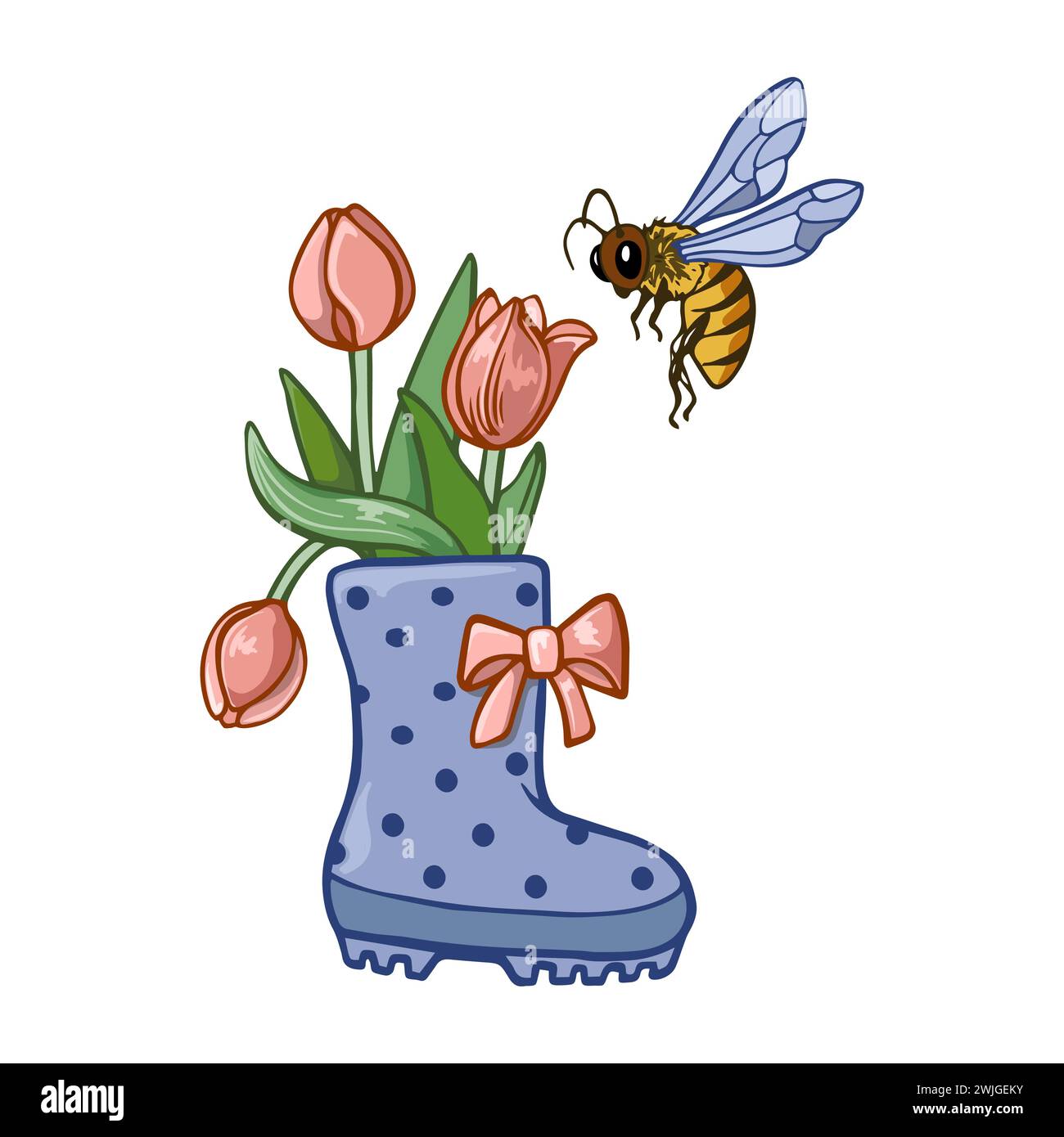 Botte de jardin avec un bouquet de tulipes dans une guêpe volante isolée sur un fond blanc. Illustration de Vecteur