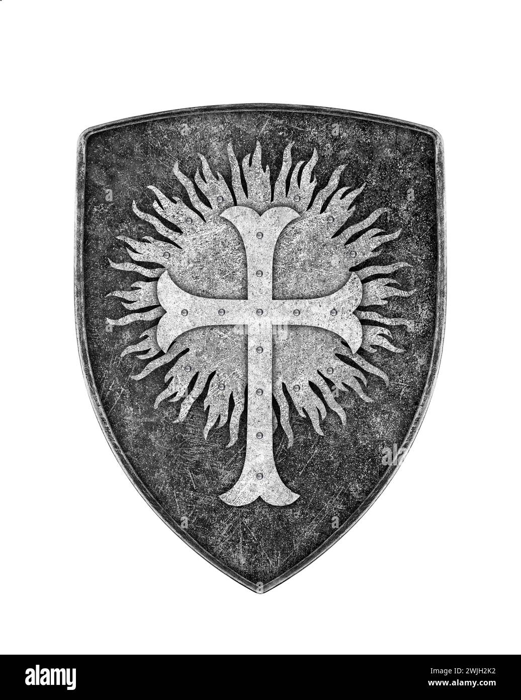 Vieux bouclier de croisés en métal avec croix isolé sur fond blanc Banque D'Images