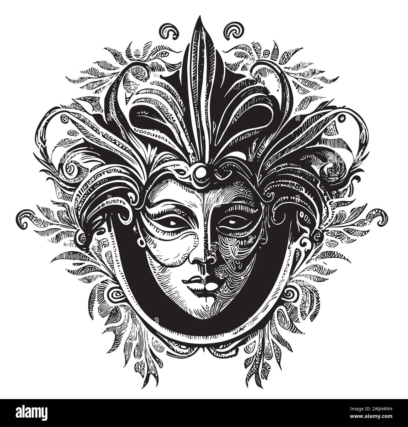 Masques de fête vintage en noir et blanc. Beau masque de carnaval vénitien dans le style art au trait. Masque de mascarade pour invitations festives, bannières, salutations Illustration de Vecteur