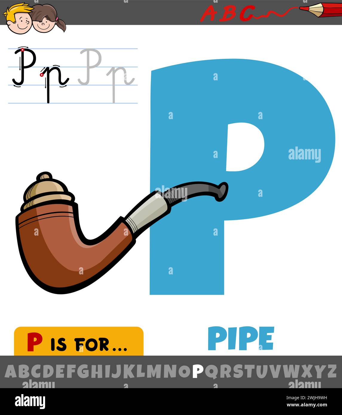 Illustration de dessin animé éducatif de la lettre P de l'alphabet avec objet pipe Illustration de Vecteur