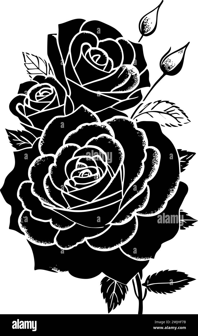 dessin graphique noir d'une fleur de rose avec des feuilles, monochrome, élément décoratif Banque D'Images