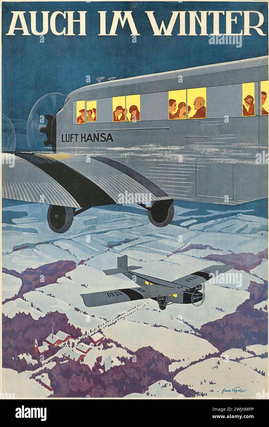 Affiche de voyage vintage. Affiche publicitaire Lufthansa Vintage montrant un avion survolant des terres neigeuses, avec le slogan « Auch Im Winter » (même en hiver. Allemagne des années 1930 Banque D'Images