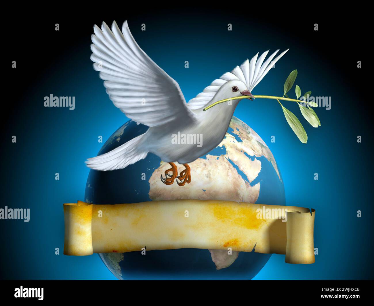Colombe blanche portant une branche d'olivier comme symbole de paix. La Terre et une vieille bannière sur fond. Copyspace sur la bannière pour insérer votre propre texte. Numérique Banque D'Images