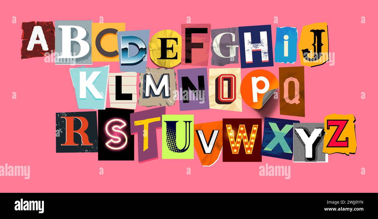 Collection créative de lettres de livre de ferraille, alphabet de note de rançon. Illustration de police vectorielle. Illustration de Vecteur