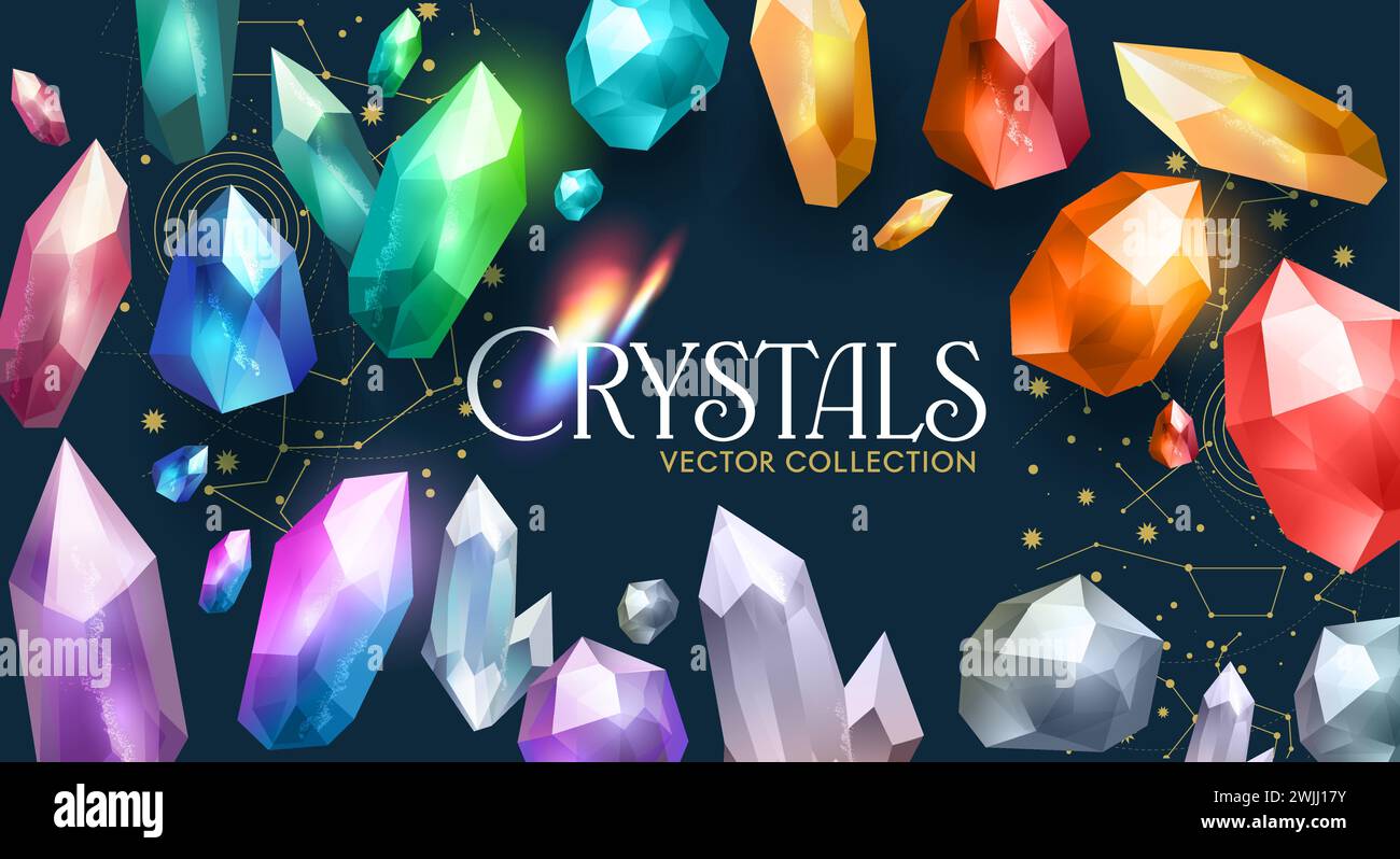 Une collection vectorielle de cristaux colorés, de diamants et de pierres précieuses rares. Illustration vectorielle Illustration de Vecteur