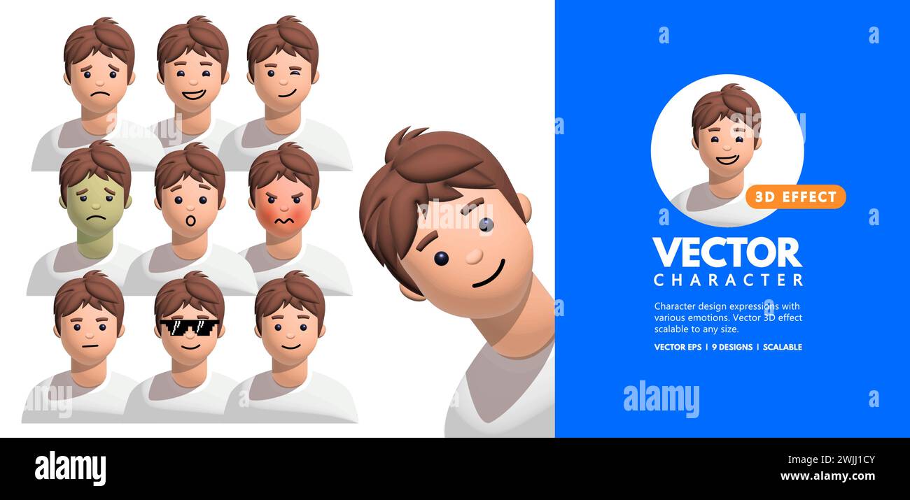 Un ensemble de dessin animé avatar masculin de personnage vecteur d'effet 3D avec divers sentiments et expressions. Illustration de Vecteur