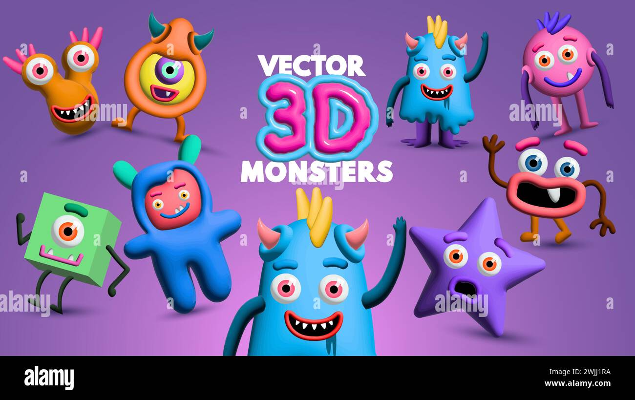 Une collection de personnages de monstres vectoriels de style 3D ludiques et amusants. Illustration vectorielle Illustration de Vecteur