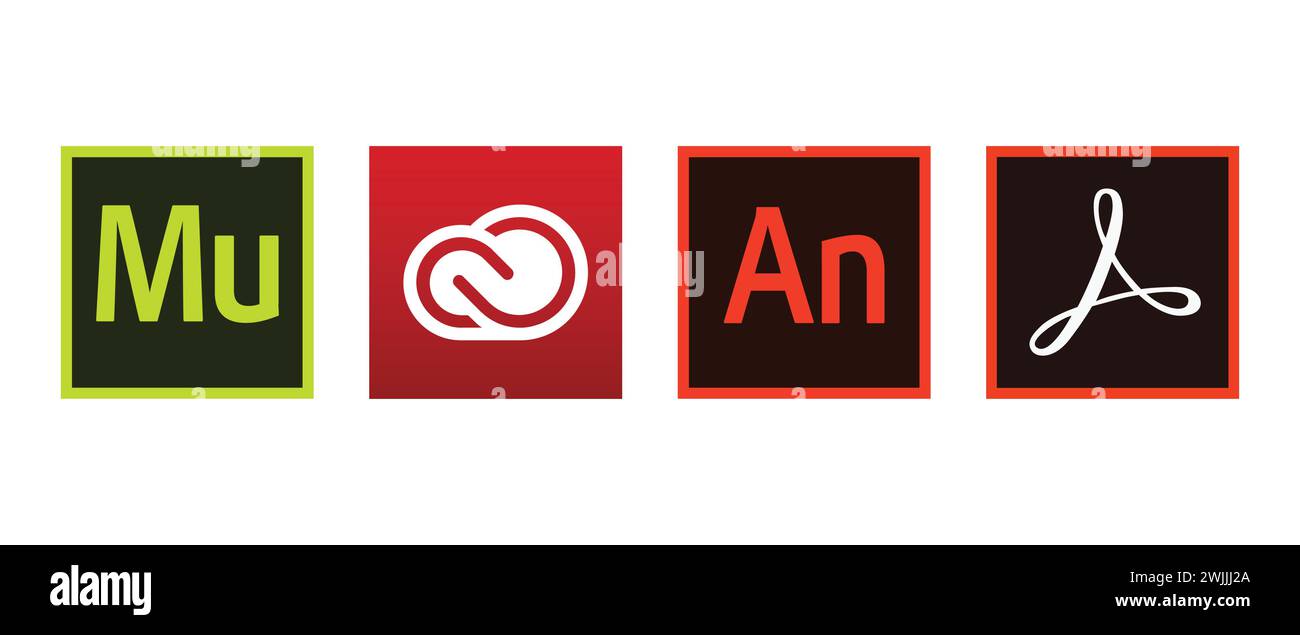 Adobe Animate CC, Adobe Muse CC, Adobe Creative Cloud, Adobe Acrobat Pro DC. Illustration vectorielle, logo éditorial. Illustration de Vecteur