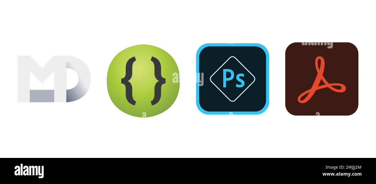 Adobe Photoshop Express, Adobe Acrobat Pro DC, MailDeveloper . Illustration vectorielle, logo éditorial. Illustration de Vecteur