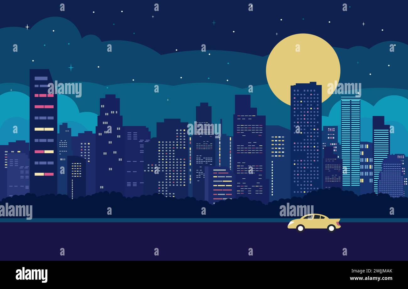 Route de circulation dans la ville la nuit avec illustration de conception plate de paysage urbain Illustration de Vecteur