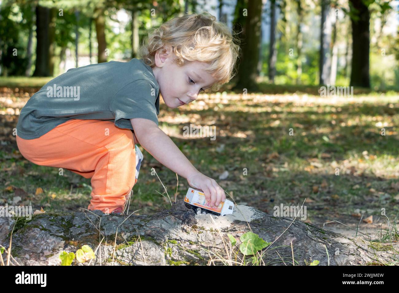 Un petit garçon joue avec un camion modèle sur le bord de la forêt Banque D'Images