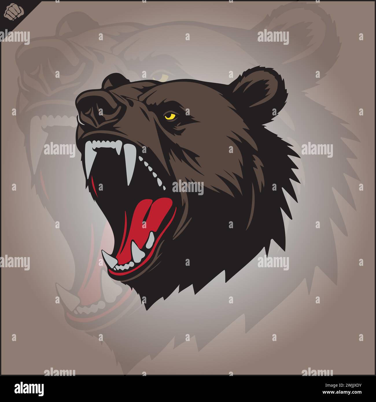 tête d'un ours agressif, large souriant bouche maléfique, silhouette, vue de côté, regarder vers le haut, pochoir, vecteur plat, fond blanc. Logo sport de jeu. Illustration de Vecteur