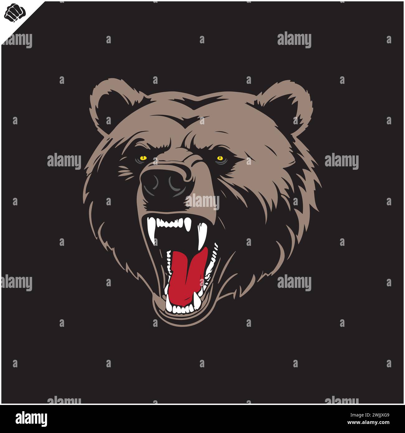 tête d'un ours agressif, large souriant bouche maléfique, silhouette, vue de côté, regarder vers le haut, pochoir, vecteur plat, fond blanc. Logo sport de jeu. Illustration de Vecteur