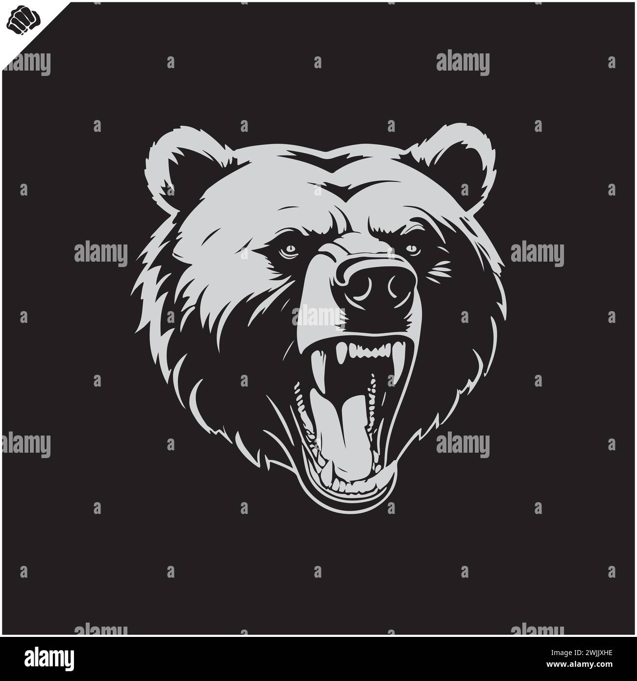 tête d'un ours agressif, large souriant bouche maléfique, silhouette, vue de côté, regarder vers le haut, pochoir, vecteur plat, fond blanc. Logo sport de jeu. Illustration de Vecteur