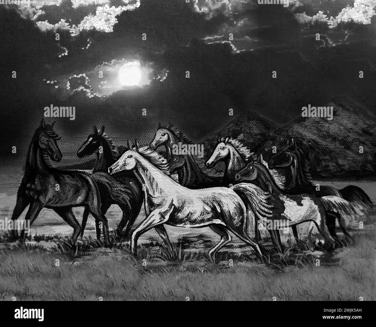 photographie monochrome noir et blanc peinture à l'huile originale running horse thaïlande Banque D'Images