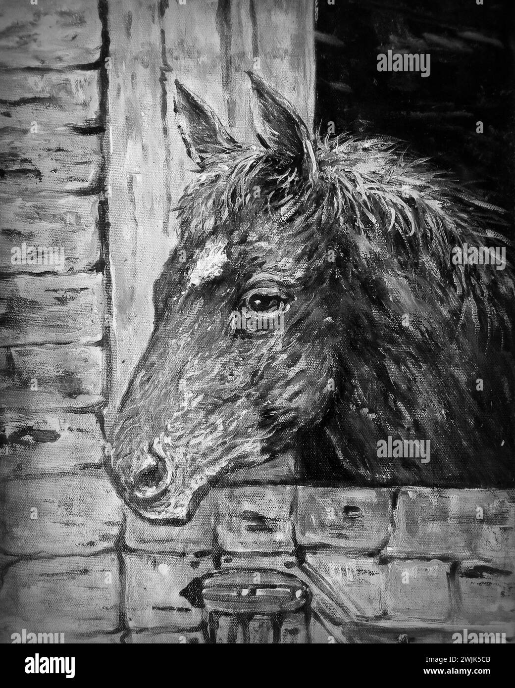 photographie monochrome noir et blanc peinture à l'huile originale cheval thaïlande Banque D'Images