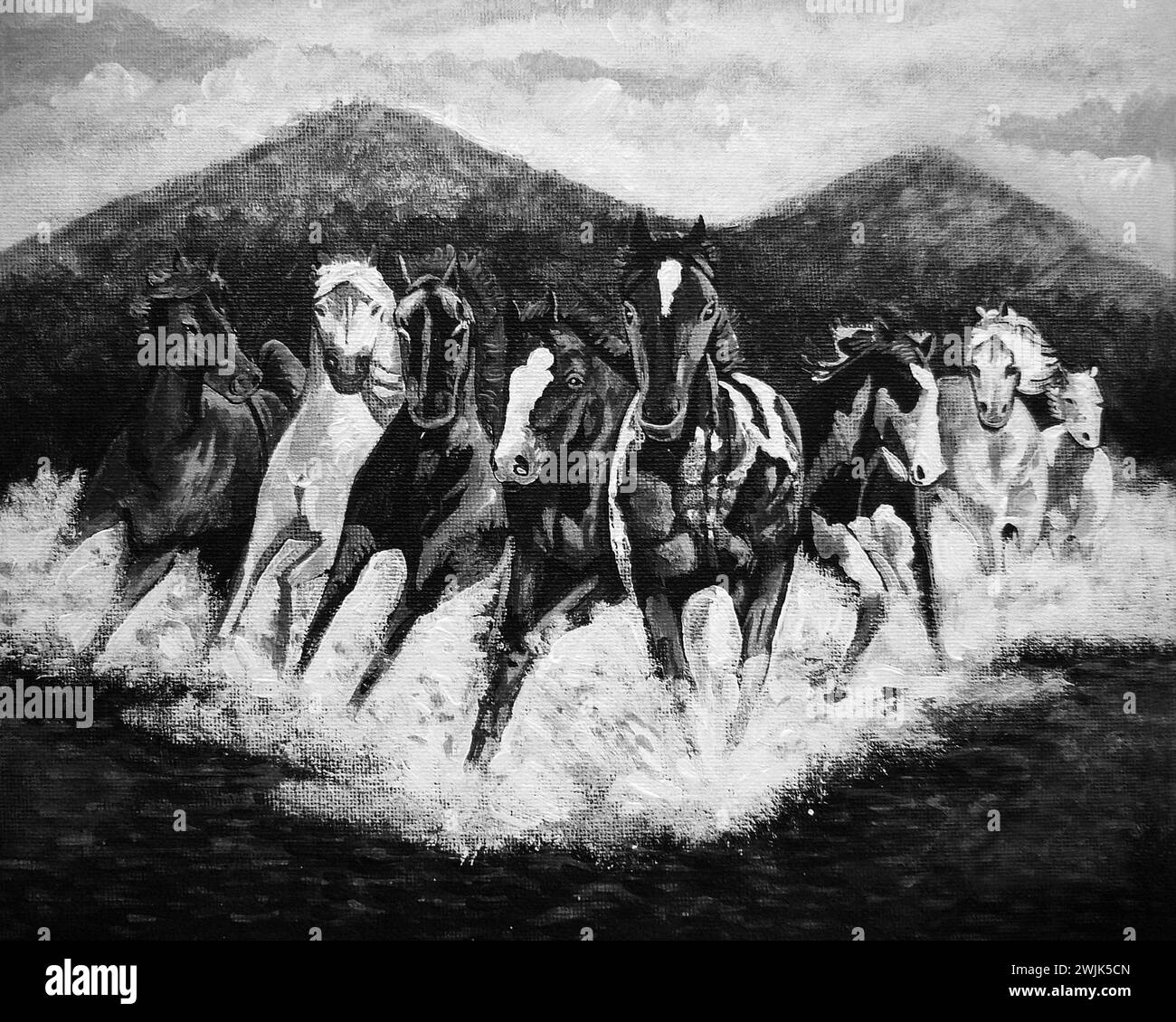 photographie monochrome noir et blanc peinture à l'huile originale running horse thaïlande Banque D'Images