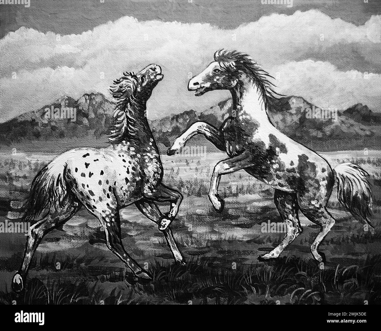 photographie monochrome noir et blanc peinture à l'huile originale running horse thaïlande Banque D'Images