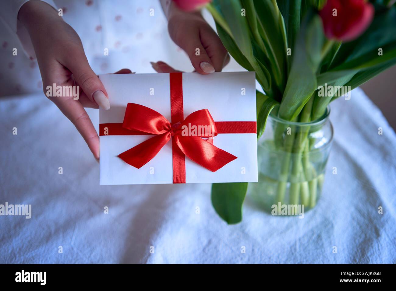 un certificat cadeau de couleurs rouge et blanc dans les mains féminines avec des tulipes rouges Banque D'Images