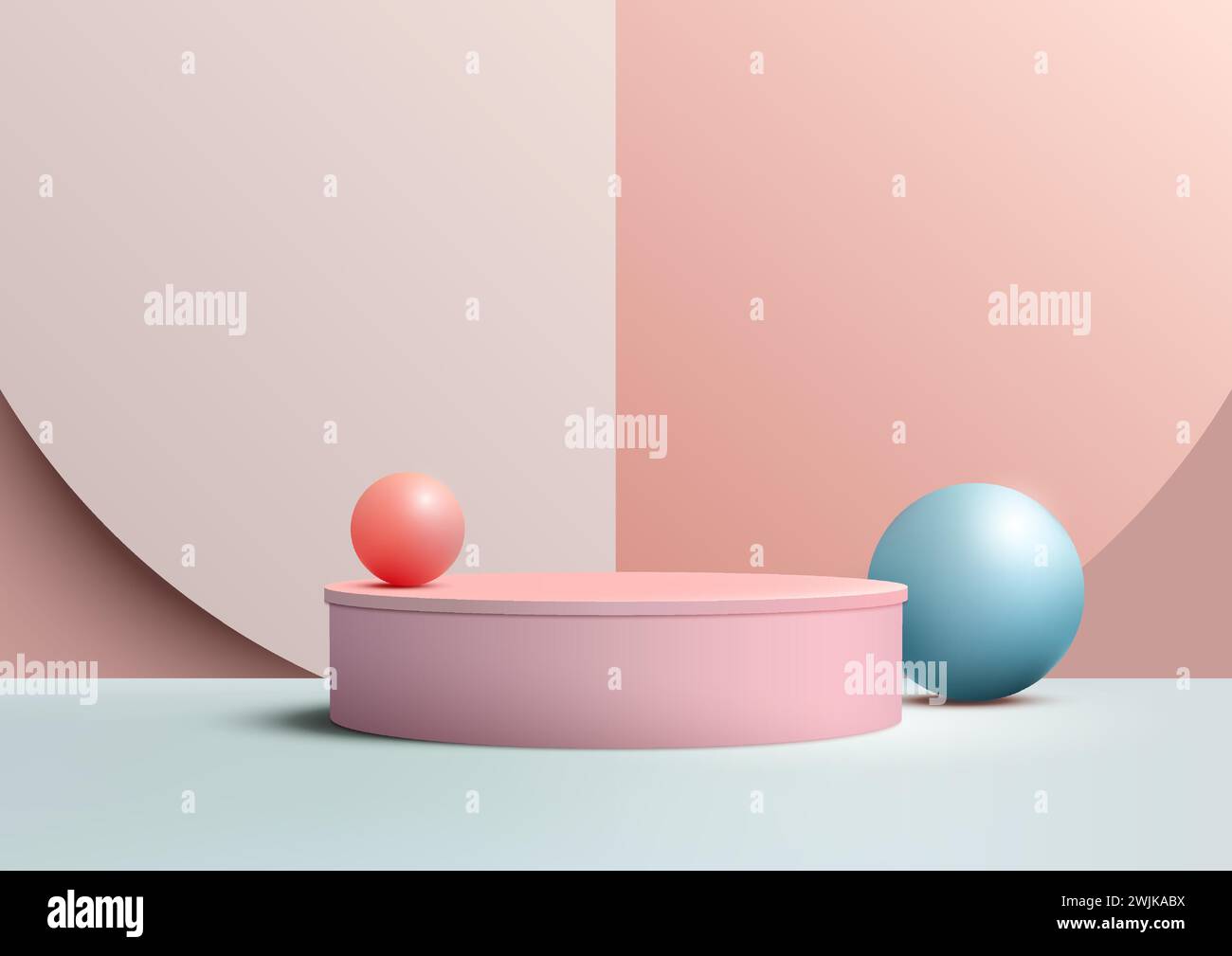 Présentation des produits fond abstrait avec une scène de podium 3D minimale ornée de boules pastel multicolores bleues et roses dans des formes géométriques. Illustration de Vecteur