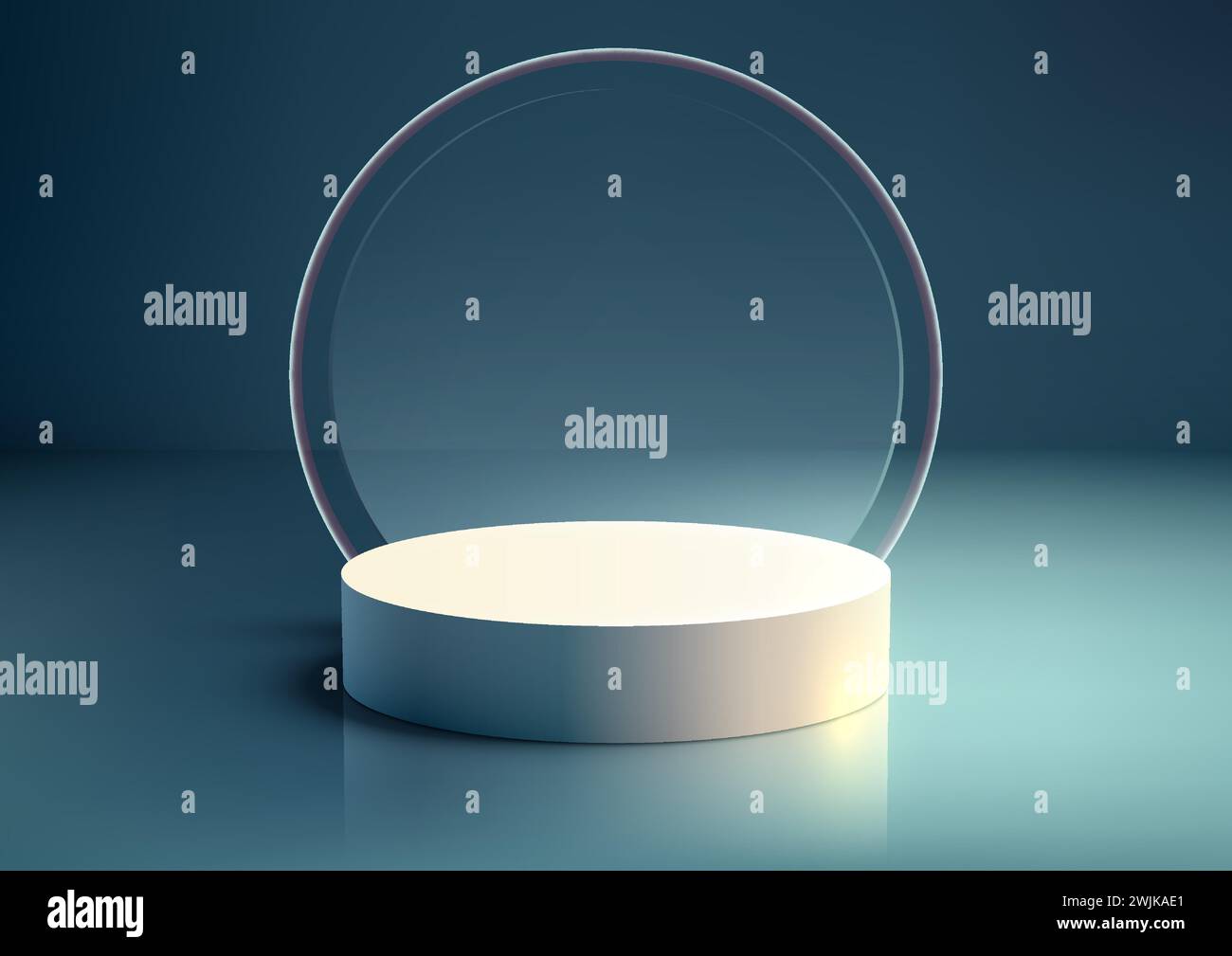 Maquette de podium moderne en 3D. Un design blanc élégant, une toile de fond en verre transparent circulaire et un fond bleu foncé, cet affichage de produit est parfait pour showca Illustration de Vecteur