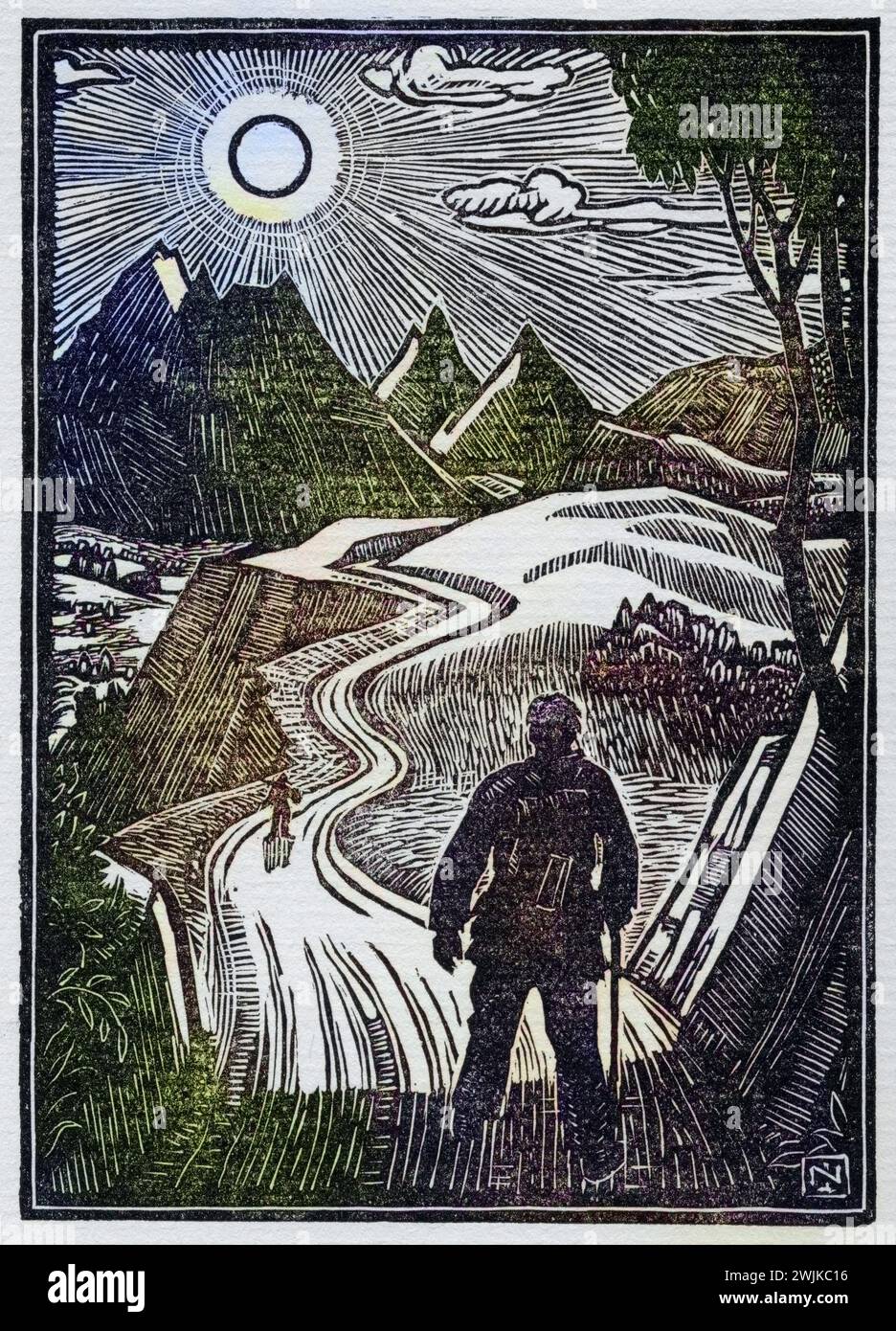 Holzschnitt auf der Vorderseite von Norman James aus dem Buch The Gentle Art of tramping von Stephen Graham, veröffentlicht 1927, Historisch, digital restaurierte Reproduktion von einer Vorlage aus dem 19. Jahrhundert, date du dossier non précisée Banque D'Images