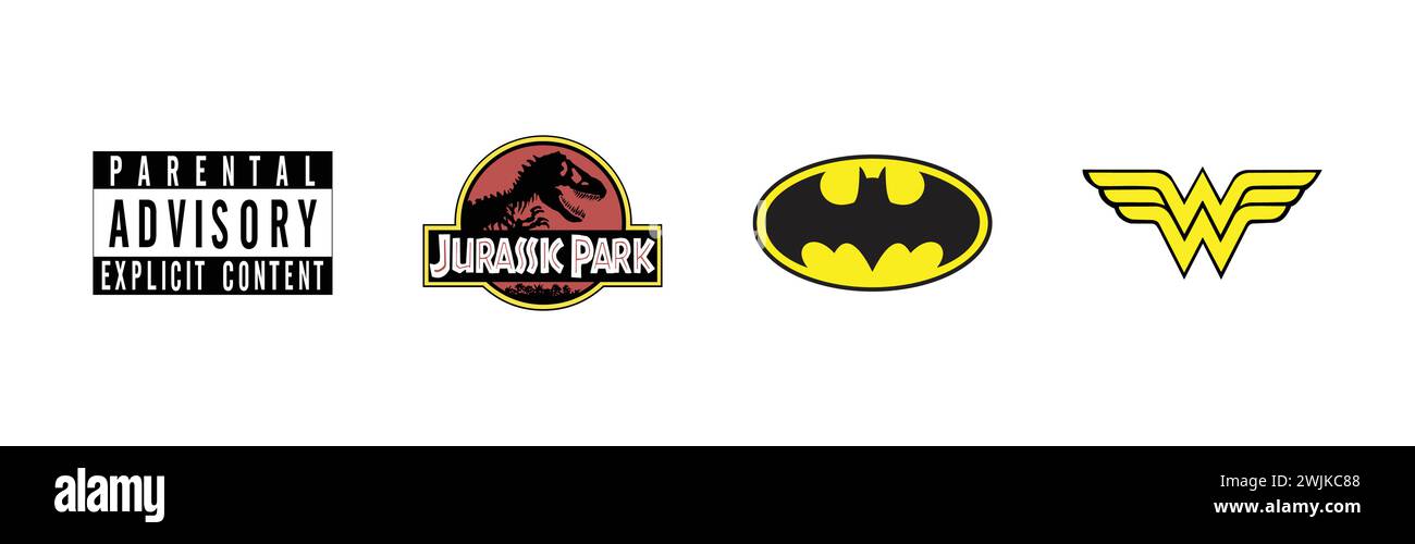 Wonder Woman, parental Advisory contenu explicite , Jurassic Park, Batman, collection populaire de logo de marque. Illustration de Vecteur