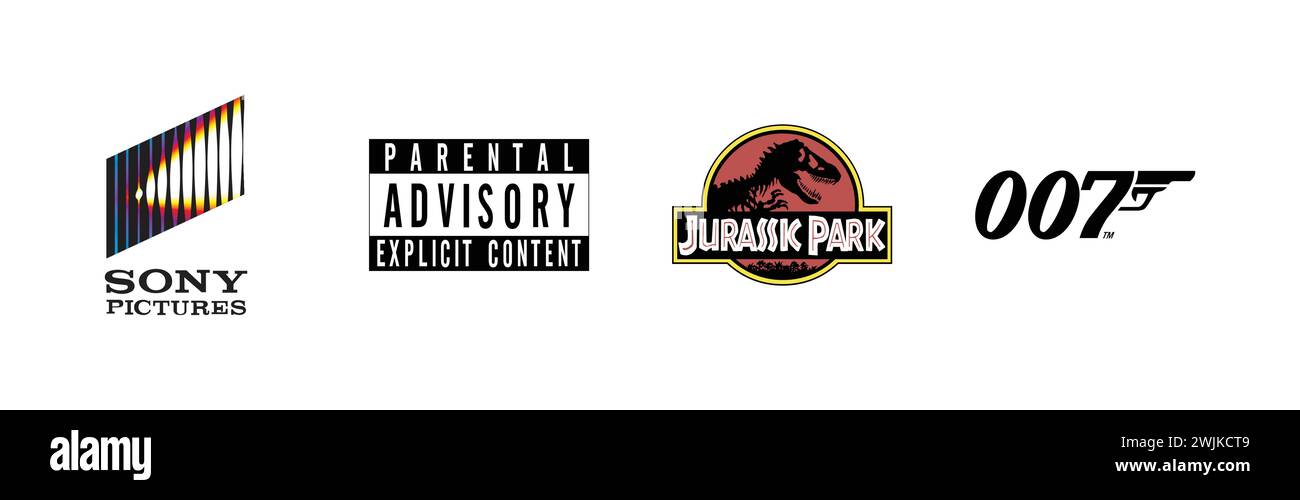 007, Sony Pictures, contenu explicite des conseils parentaux, Jurassic Park, collection populaire de logos de marque. Illustration de Vecteur