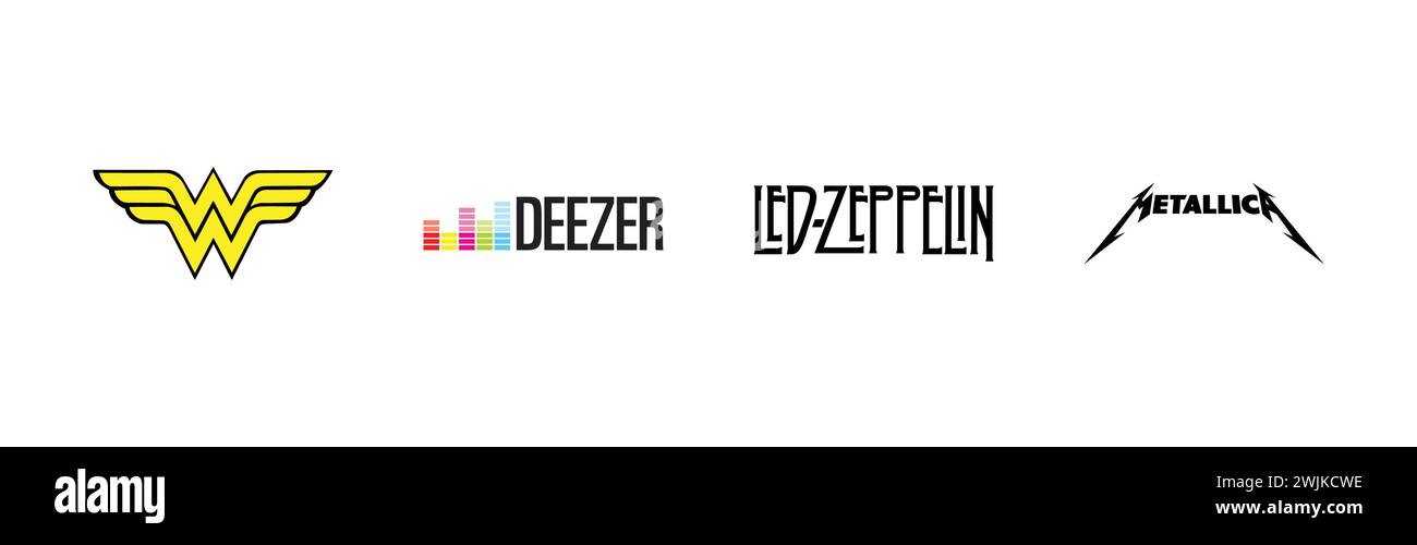 LED zeppelin, Metallica, Deezer, Wonder Woman, collection populaire de logo de marque. Illustration de Vecteur
