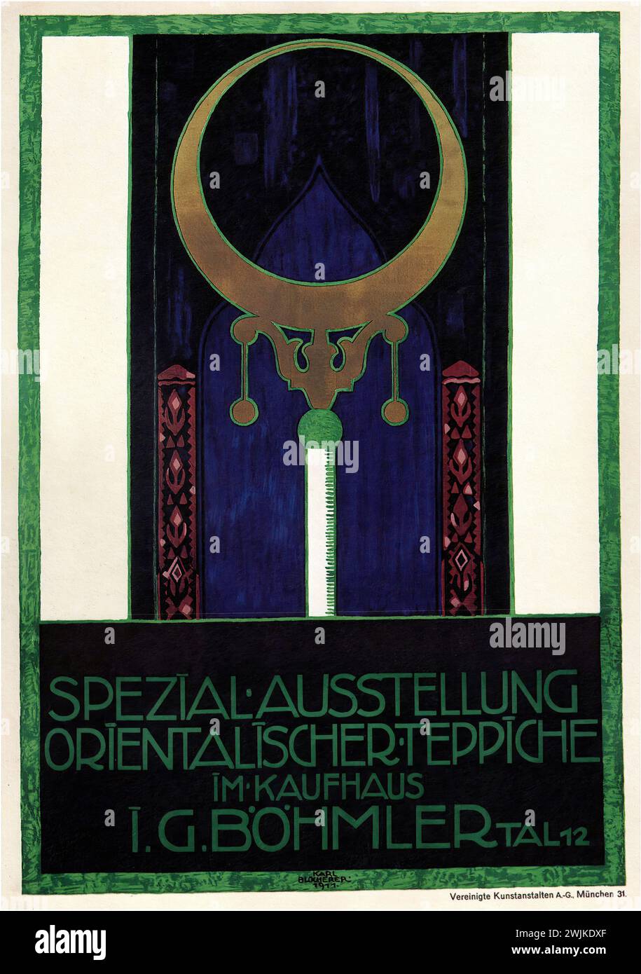 'SPEZIAL-AUSSTELLUNG ORIENTALISCHER TEPPICHE IM KAUFHAUS I.G. BÖHMLER TAL 12' ['EXPOSITION SPÉCIALE DE TAPIS ORIENTAUX AU GRAND MAGASIN I.G. BÖHMLER TAL 12' EN ANGLAIS] PUBLICITÉ ALLEMANDE VINTAGE. Cette image est une publicité pour une exposition, caractérisée par son style Art Nouveau avec des éléments décoratifs ornés et une typographie élégante. L’utilisation de formes géométriques et de motifs stylisés reflète les préférences esthétiques de l’époque. Banque D'Images