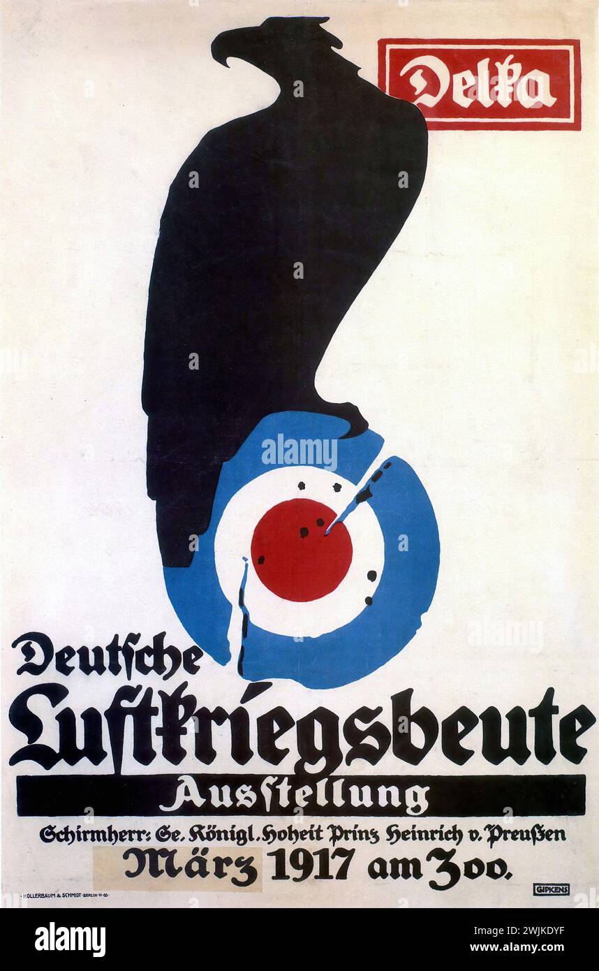 Affiche allemande vintage pour l'exposition des trophées de guerre allemands de 1917, représentant une silhouette d'aigle au-dessus d'une cible. Le design graphique est minimaliste avec une forte utilisation de l'espace négatif et de la typographie audacieuse.' Banque D'Images