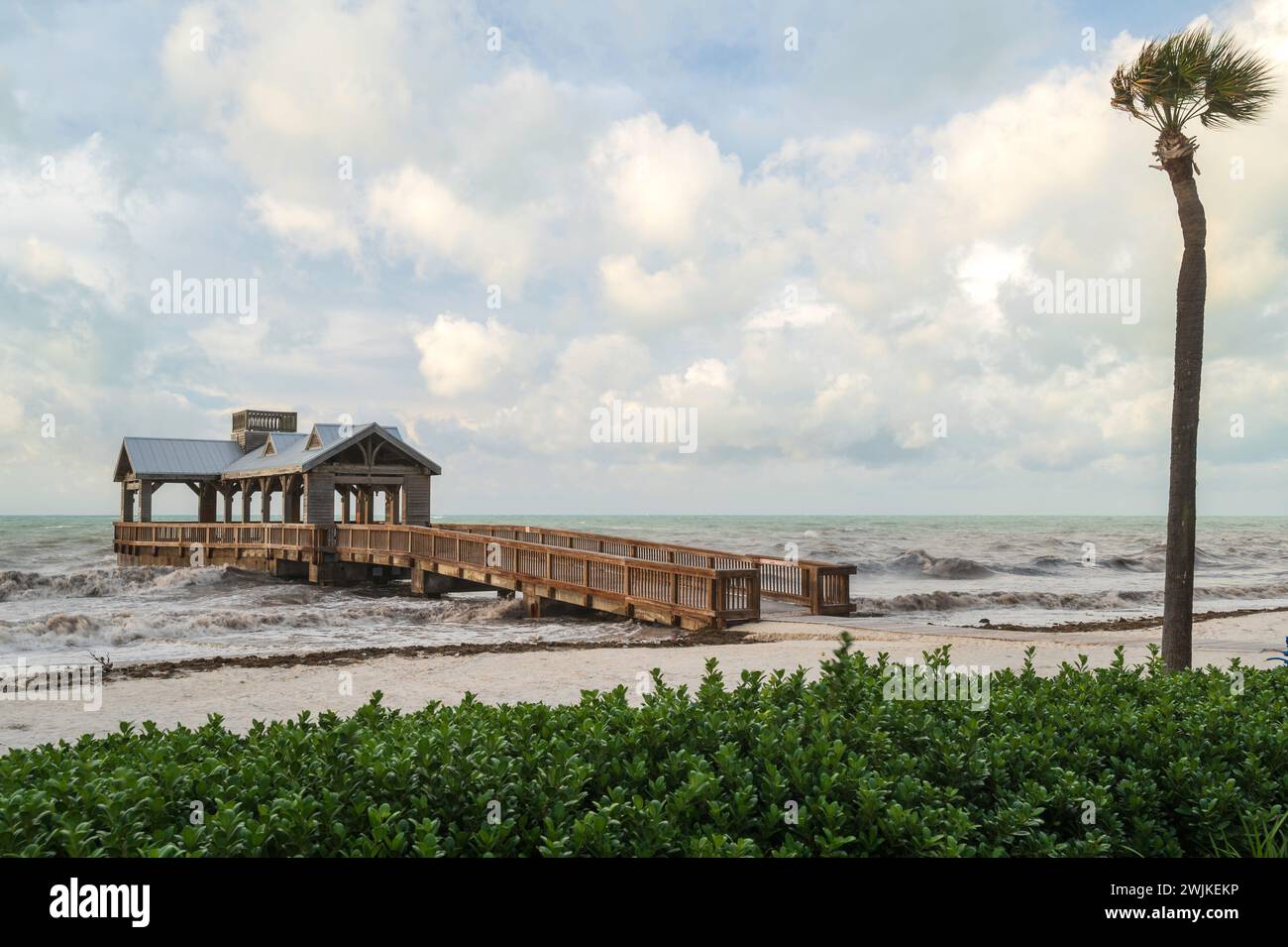 Une jetée en bois, avec une partie couverte à l'extrémité, s'étendant dans une mer agitée et agitée, avec un feuillage tropical au premier plan Banque D'Images