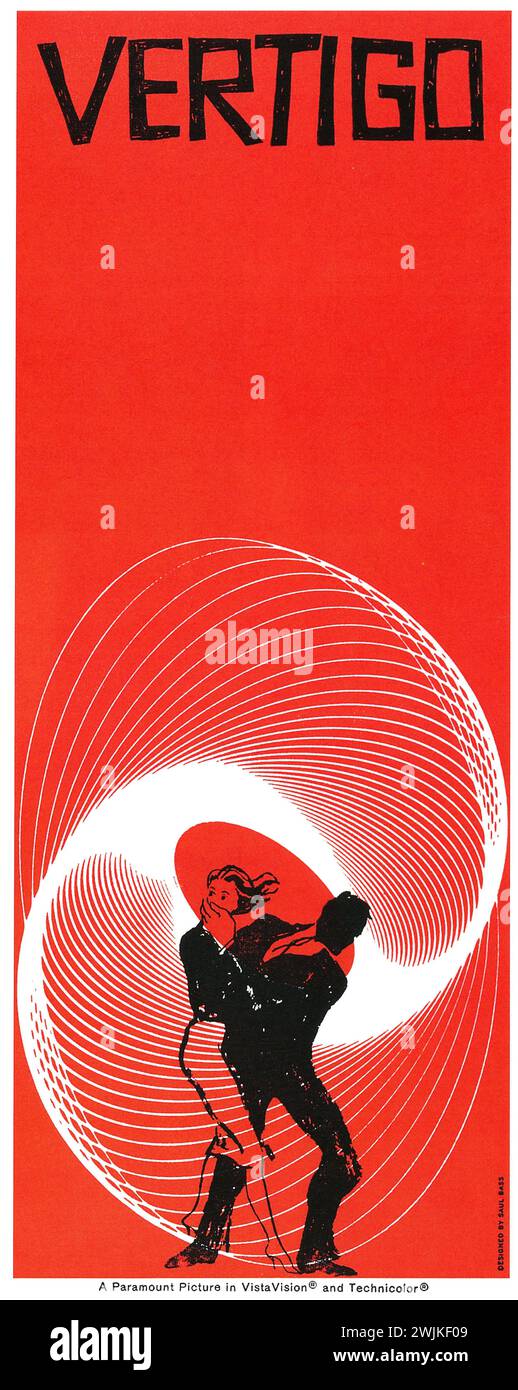 1958 Vetigo réalisé par Alfred Hitchcock et mettant en vedette James Stewart et Kim Novak. Publicité commerciale américaine originale. Affiche ad design Saul Bass Banque D'Images