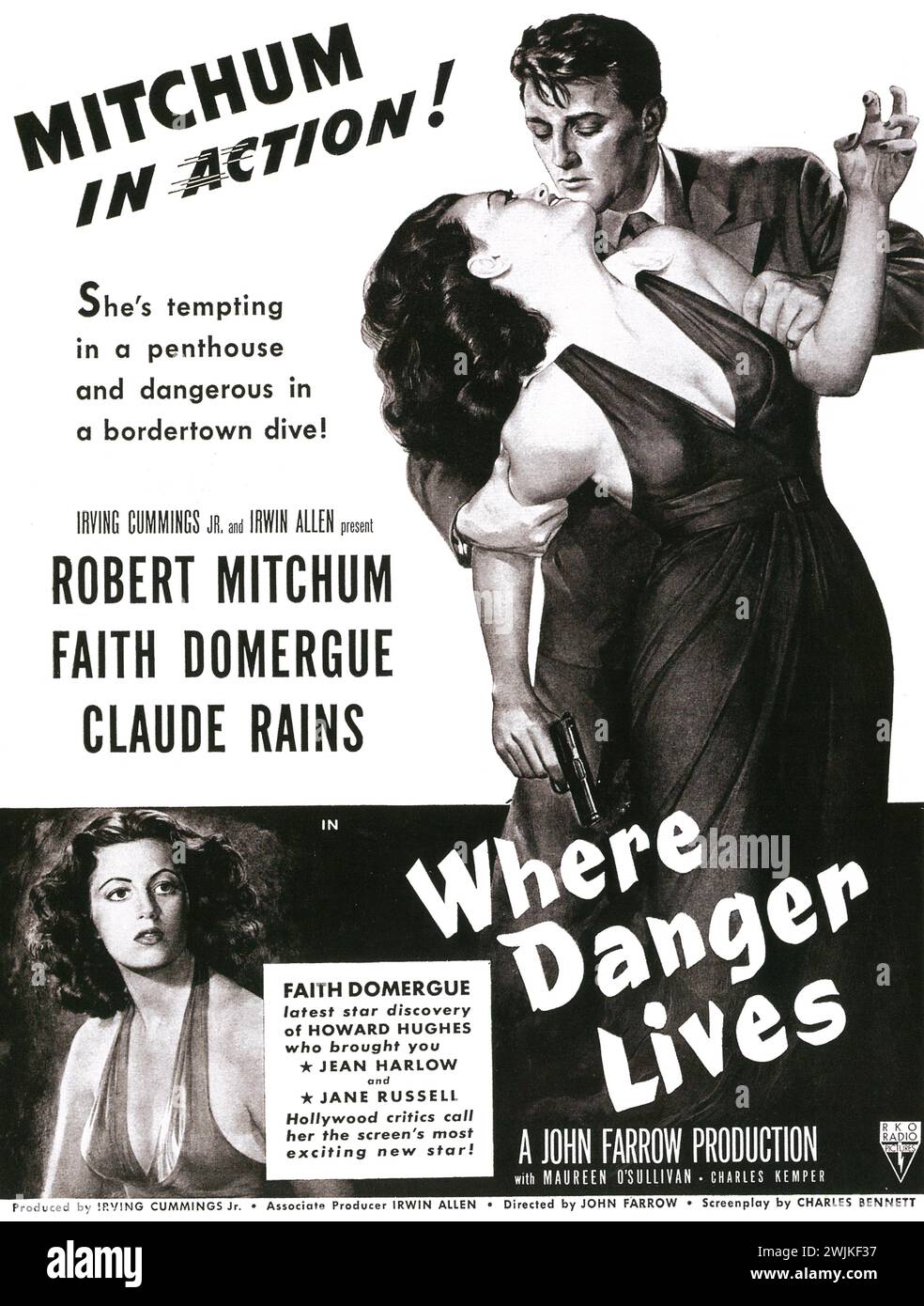 1950 affiche de film et publicité imprimée WHERE DANGER LIVES. 1950s RKO Radio Pictures film avec Faith Domergue et Robert Mitchum, réalisé par John Farrow Banque D'Images