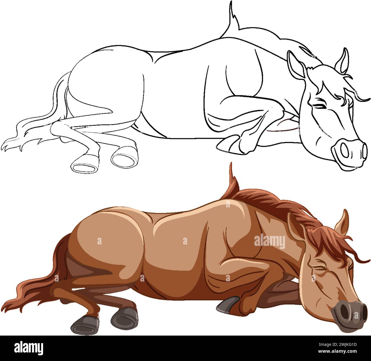 Graphique vectoriel d'un cheval couché, coloré et délimité. Illustration de Vecteur
