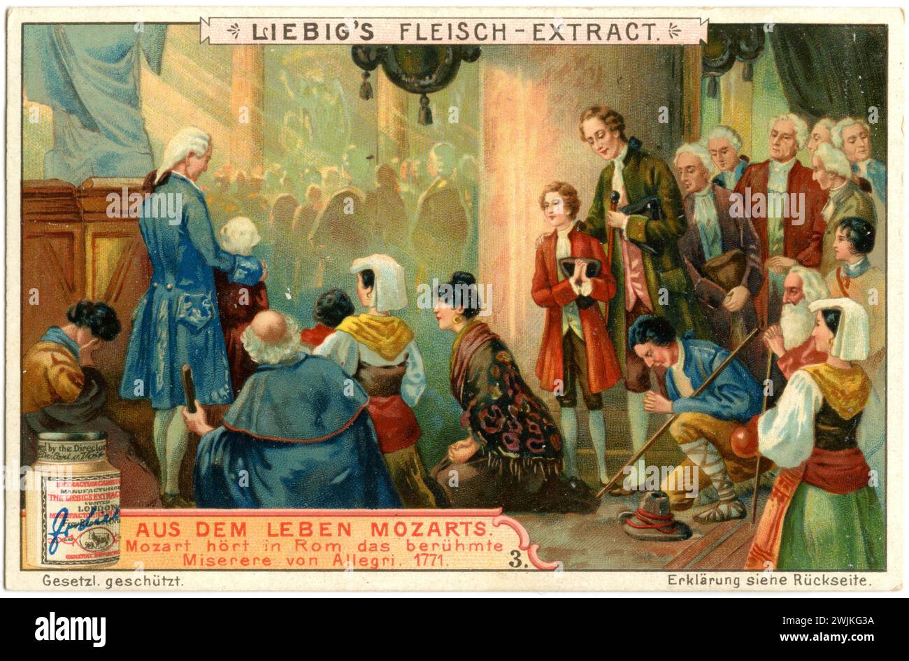 Wolfgang Amadeus Mozart (1756-1791), musicien et compositeur de Salzbourg de la période classique viennoise. De la vie de Mozart, 3 : Mozart écoute le célèbre Miserere d'Allegri à Rome, 1771. Représenté sur une photo de collectionneur Liebig. , (, ), Wolfgang Amadeus Mozart (1756-1791), Salzburger Musiker und Komponist der Wiener Klassik. AUS dem Leben Mozarts, 3 : Mozart hört in ROM das berühmte Miserere von Allegri, 1771. Darstellung auf einem Liebig-Sammelbild Banque D'Images