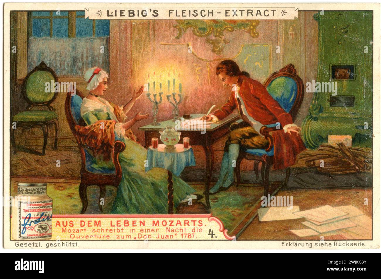 Wolfgang Amadeus Mozart (1756-1791), musicien et compositeur de Salzbourg de la période classique viennoise. De la vie de Mozart, 4 : Mozart écrit l'ouverture à 'Don Juan' dans la nuit, 1787, représentée sur une image collective Liebig , (, ), Wolfgang Amadeus Mozart (1756-1791), Salzburger Musiker und Komponist der Wiener Klassik. AUS dem Leben Mozarts, 4 : Mozart schreibt in der Nacht die ouverture zum 'Don Juan', 1787, Darstellung auf einem Liebig-Sammelbild Banque D'Images