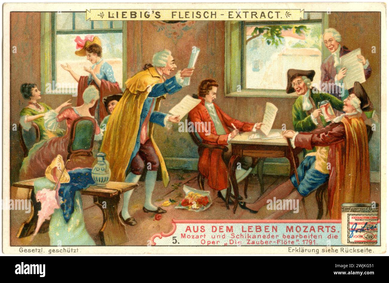 Wolfgang Amadeus Mozart (1756-1791), musicien et compositeur de Salzbourg de la période classique viennoise. De la vie de Mozart, 5 : Mozart et Schikaneder éditent l'opéra 'la flûte enchantée', 1791, représenté sur une photo de collectionneur Liebig , (, ), Wolfgang Amadeus Mozart (1756-1791), Salzburger Musiker und Komponist der Wiener Klassik. AUS dem Leben Mozarts, 5 : Mozart und Schikaneder bearbeiten die Oper 'Die Zauber-Flöte', 1791, Darstellung auf einem Liebig-Sammelbild Banque D'Images