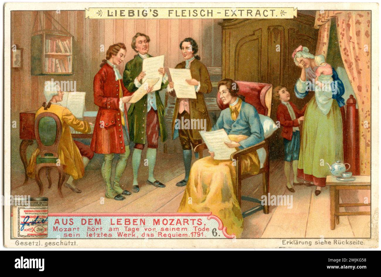 Wolfgang Amadeus Mozart (1756-1791), musicien et compositeur de Salzbourg de la période classique viennoise. De la vie de Mozart, 6 : Mozart écoute sa dernière œuvre, le Requiem, la veille de sa mort, 1791, représentée dans une image collective Liebig, (, ), Wolfgang Amadeus Mozart (1756-1791), Salzburger Musiker und Komponist der Wiener Klassik. AUS dem Leben Mozarts, 6 : Mozart hört am Tage vor seinem Tode sein letztes Werk, das Requiem, 1791, Darstellung auf einem Liebig-Sammelbild Banque D'Images