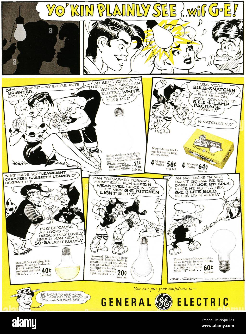 Publicité ÉLECTRIQUE GÉNÉRALE 1952, mettant en scène les dessins animés de Lil Abner Daisy Mae Mammy et Pappy par Al Capp Banque D'Images