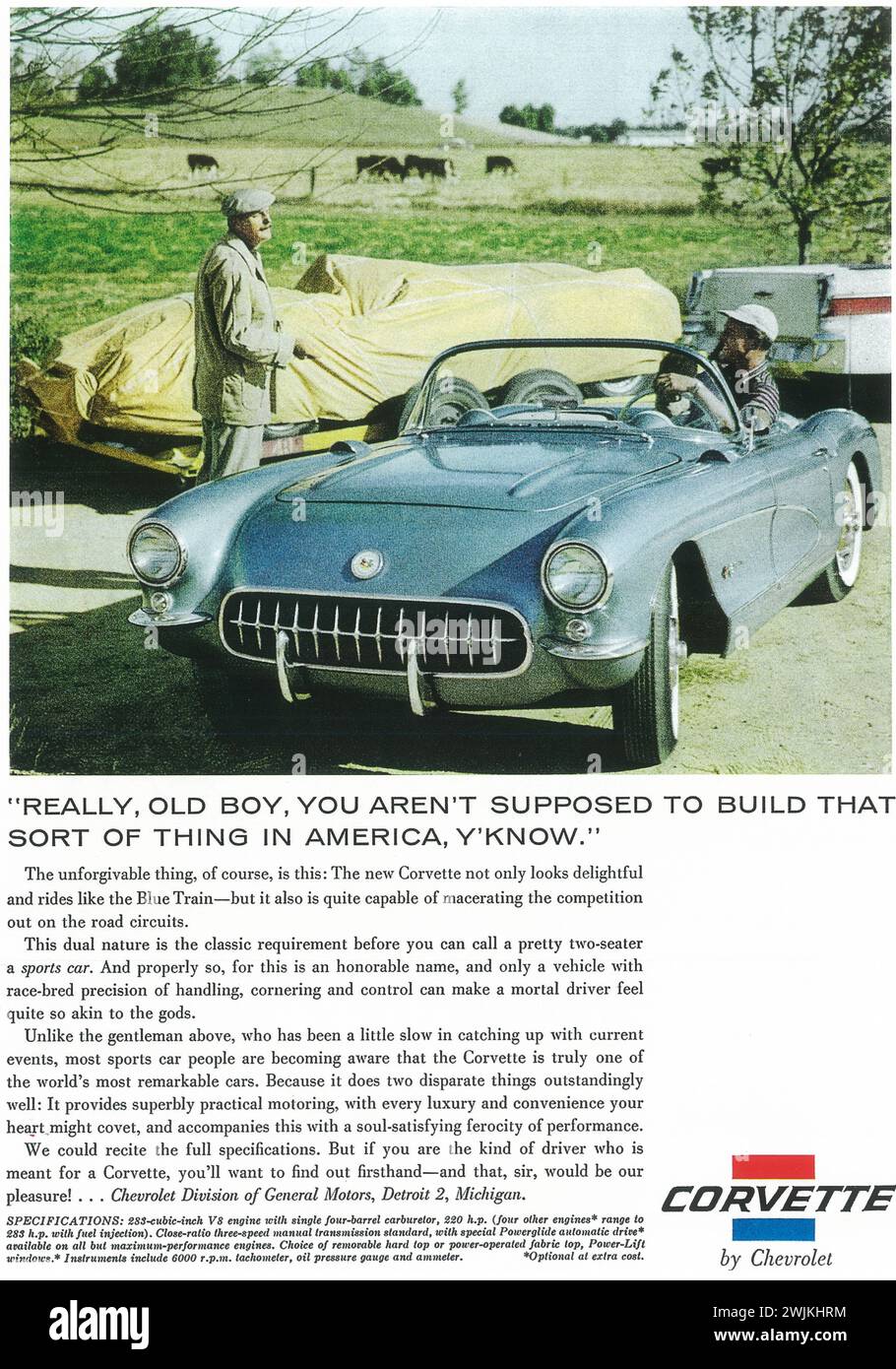 Publicité Corvette 1957 de Chevrolet 'Tu n'es pas opposé à construire ce genre de choses en Amérique, tu sais' Banque D'Images