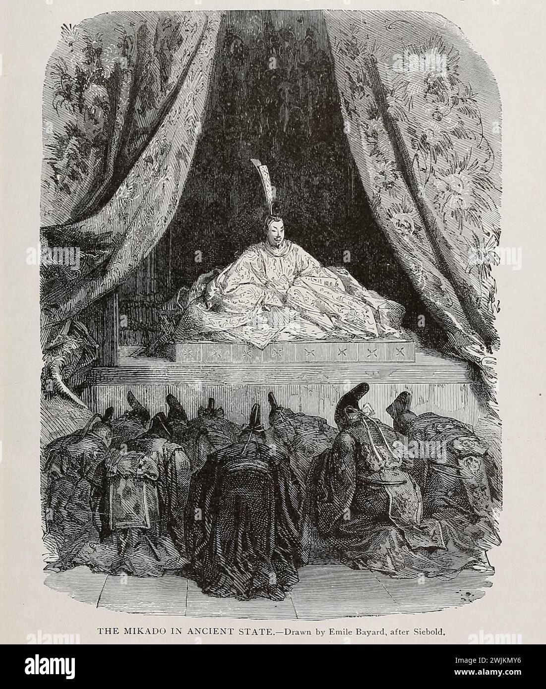 LE MIKADO DANS L'ANCIEN ÉTAT par Emile Bayard, d'après Siebold de Cyclopedia Universal history : embrassant la présentation la plus complète et la plus récente du sujet en deux parties principales ou divisions de plus de six mille pages par John Clark Ridpath, 1840-1900 date de publication 1895 Éditeur Boston : Balch Bros Volume 7 histoire de l'homme Banque D'Images