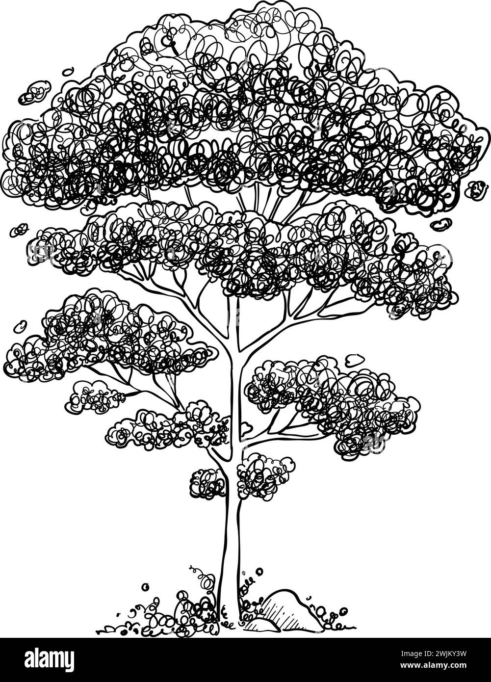 Arbre abstrait avec tronc et couronne dans un style simple doodle dessiné. Dessin de bouleau primitif. Illustration vectorielle dessinée à la main botanique pour enfants de la forêt Illustration de Vecteur