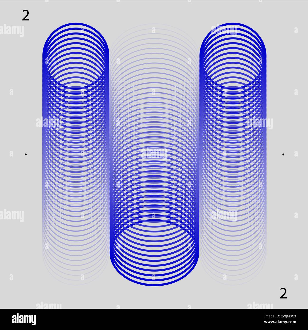 Trois illusions optiques cylindriques bleues avec des motifs circulaires concentriques sur un fond blanc. Esthétique moderne, art minimaliste Illustration de Vecteur
